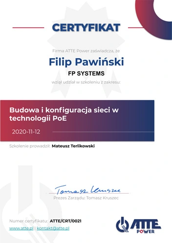 Certyfikat udziału w szkoleniu ATTE