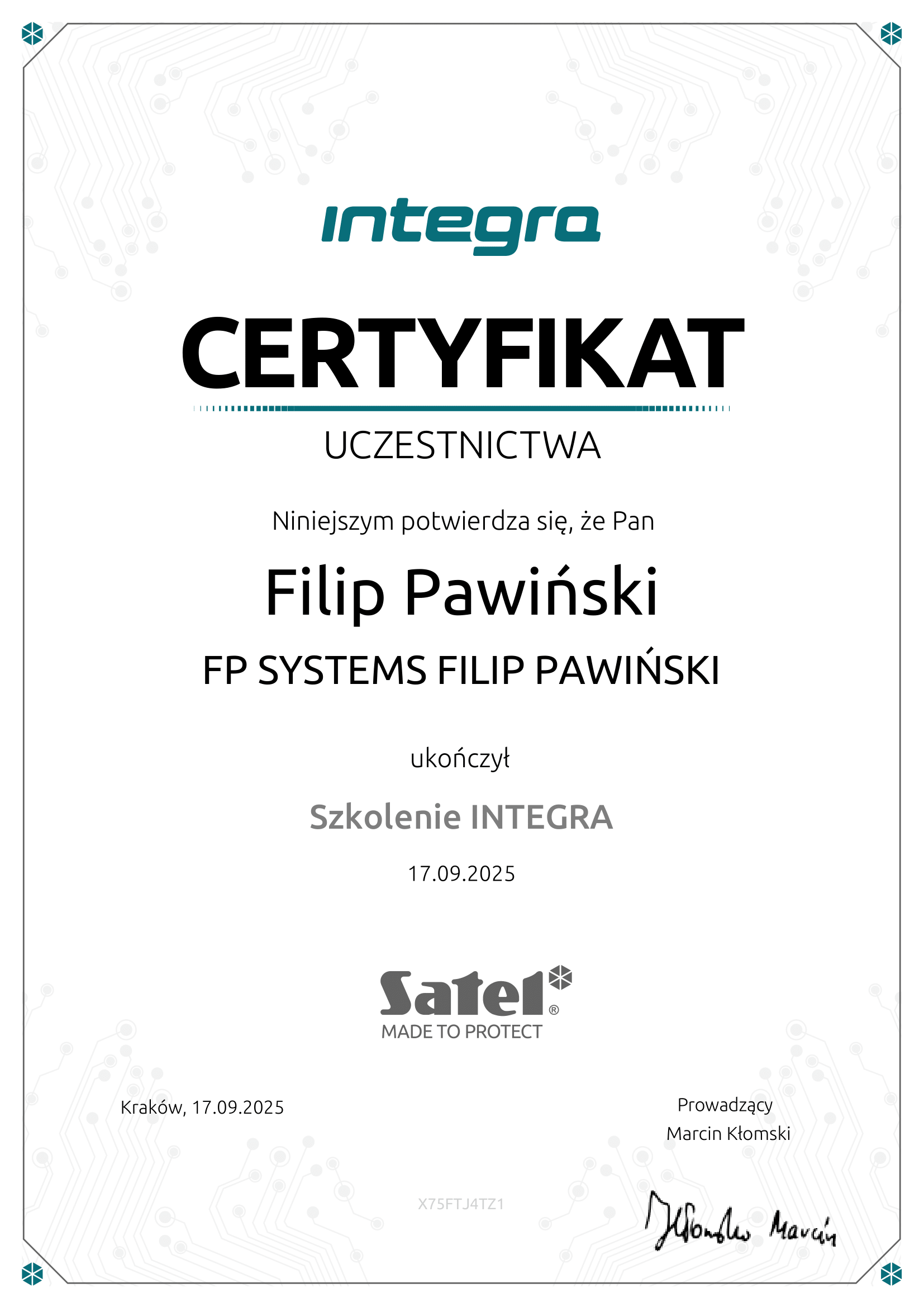 Certyfikat udziału w szkoleniu Satel Integra